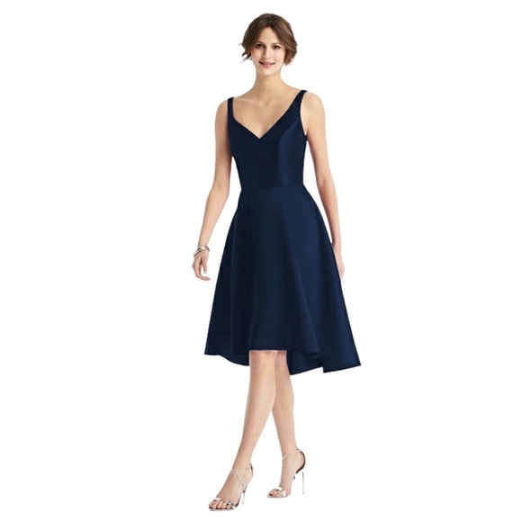 ALFRED SUNG V-neck Satin Twill High Low Dress in Midnight Navy - Picture 2 of 10